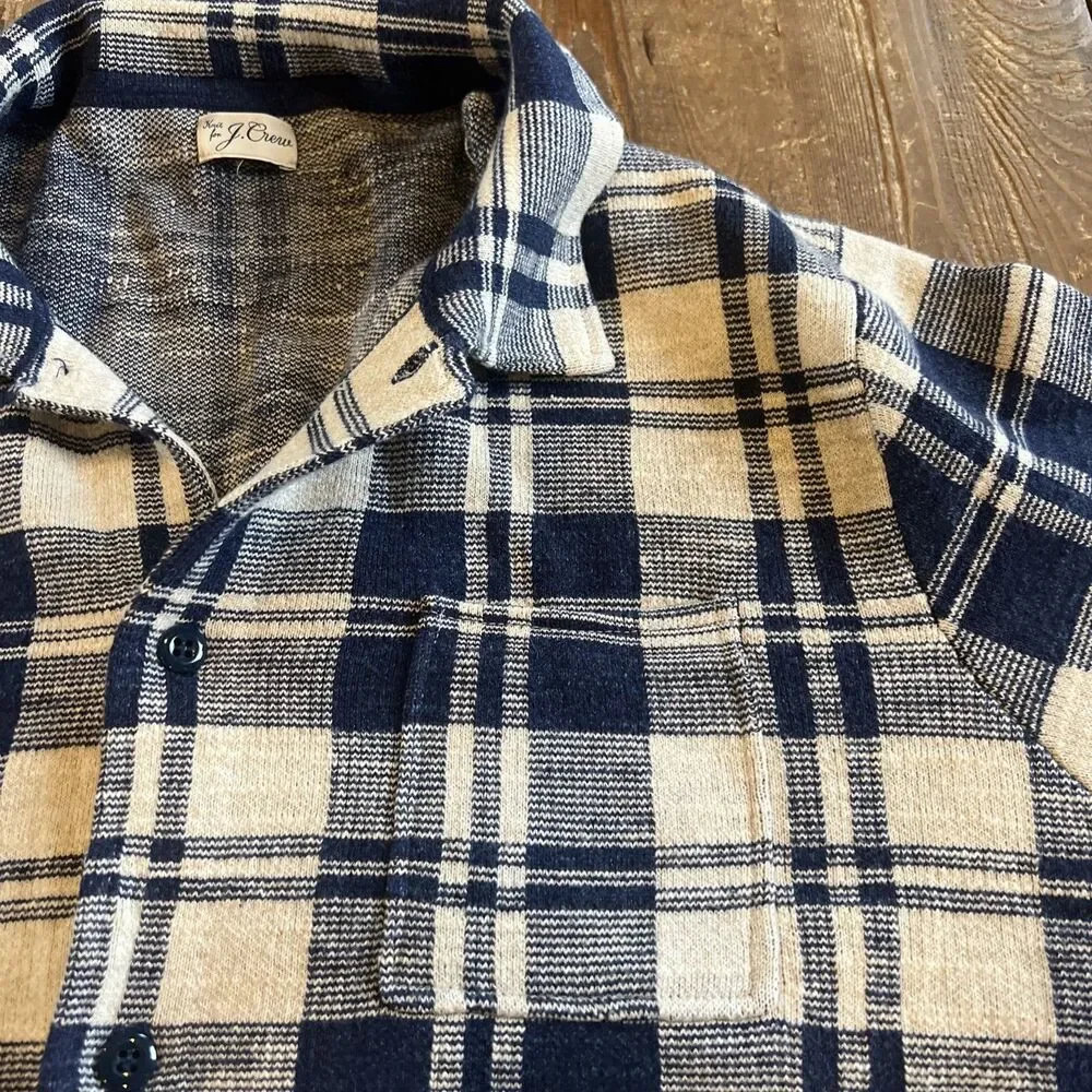J. CREW Men's Large Cotton Knit Chore Jacket Sweater Navy Cream Plaid EUC